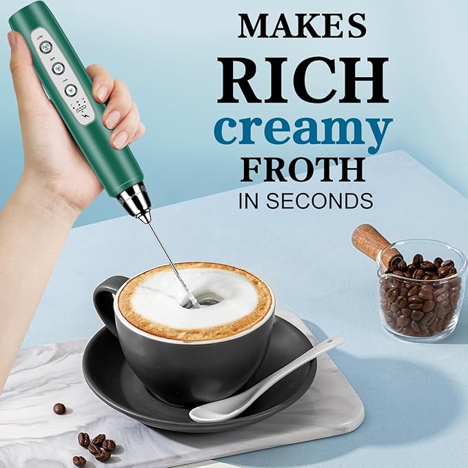 Milk Frother Handheld for Coffee, Electric Whisk 3 Speed Adjustable, Drink Mixer with Stainless 3 Whisks, Rechargeable Hand Frother Wand, Foam Maker for Latte Cappuccino Hot Chocolate Egg Green
