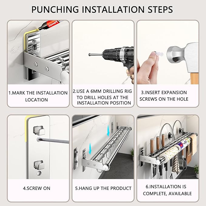Hanging Wall Mount knife Wall Mount, Kitchen Organizer Storage Shelf for Utensils Spatula Spoon, Space-Saving Knife Rack with Hooks,Wall-Mounted Utensil Holder (Silver, 40CM+Three Poles+6Hooks)