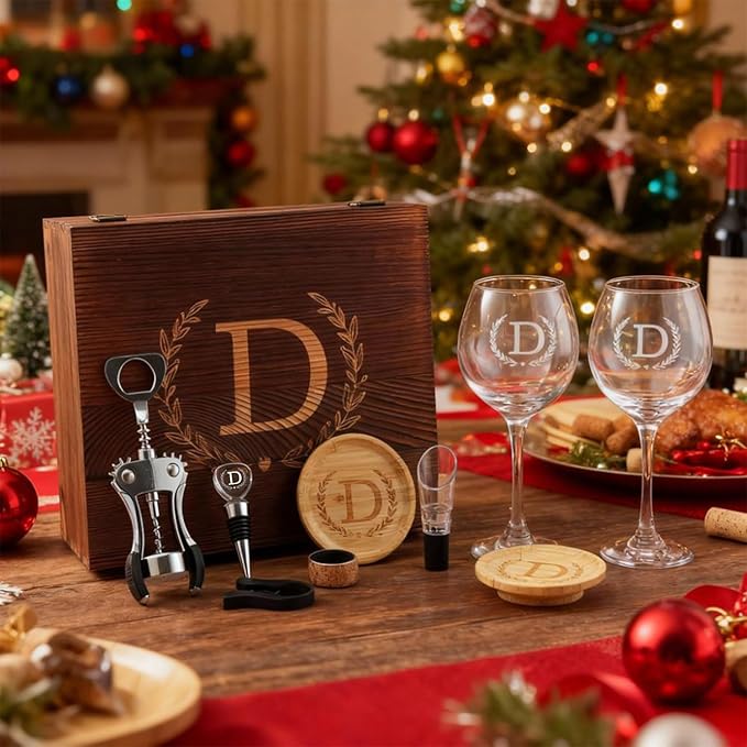 GZLDGIFTS Personalized Initial Wine Glasses Box Gift Set For Women Mom Engraved Birthday Monogrammed Wooden Christmas Gifts Wedding Anniversary Wine Couples Stopper Opener Initial Letterr (S Set)