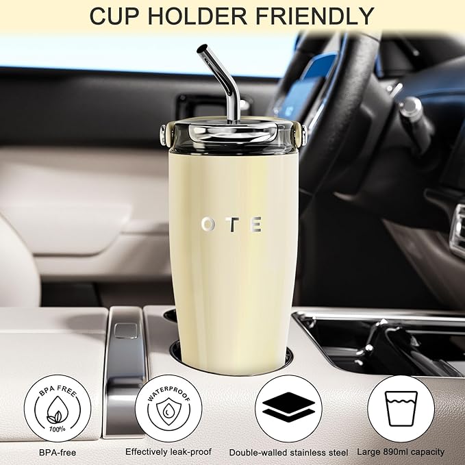 OTE 30OZ Tumbler with Handle, 316 Stainless Steel Water Bottle with Straw, 800ML Vacuum Insulated Bottle, Insulated Travel Mug, Tumbler Cup for Office or Home, Cup Holder Friendly, Keep Hot/Cold (Red)