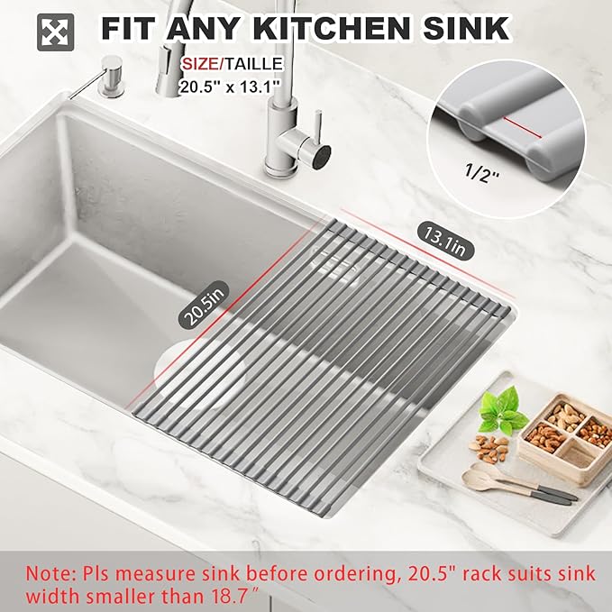 MERRYBOX Roll Up Dish Drying Rack, Over The Sink Dish Rack Foldable, Heat-Resistant, Anti-Slip Silicone Coated Dish Drainer for Kitchen Counter, Large & Multipurpose Sink Drying Rack, 20.5" x 13.1"