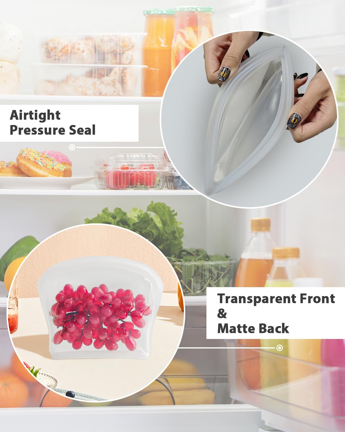 Reusable Silicone Storage Bag, 8Pack Pocket, Snack, and Sandwich Bag, Endurables Seal-Top Silicone Bags for Food Storage, Freezer, Microwave, Oven, Dishwasher Safe (Clear)