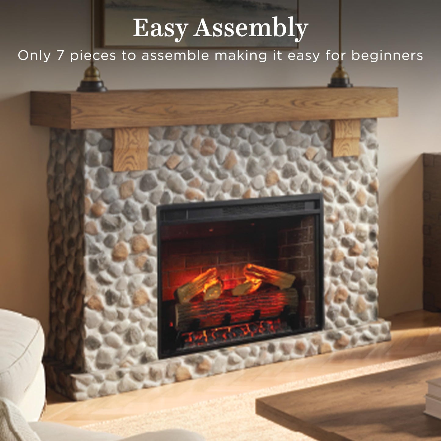 Country Living - Glenbrook Fireplace Mantel Package, 28”, Alexa/WiFi Enabled Fireplace Insert, Cast Stone River Rock Surround, 1500W