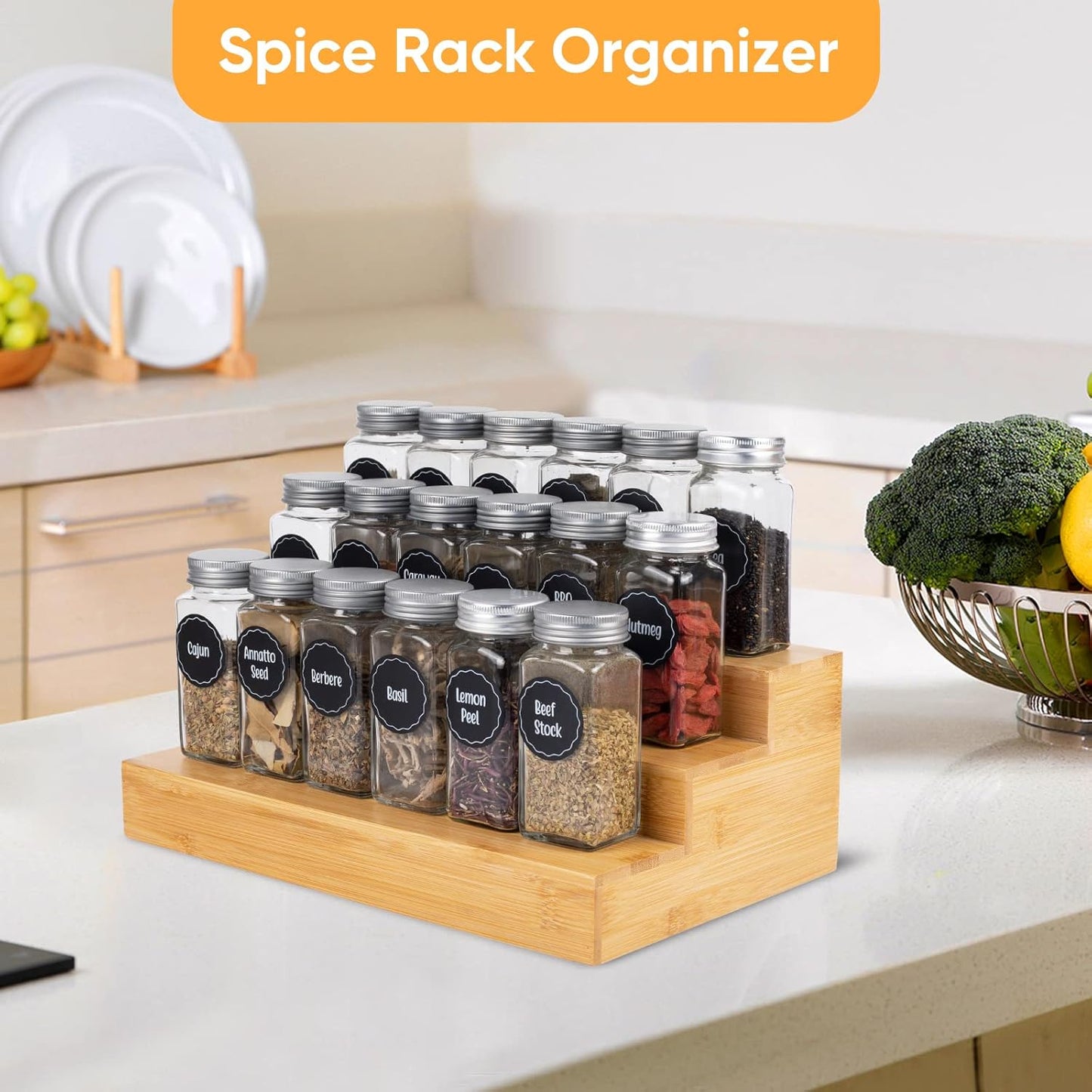 Bamboo Spice Rack Organizer for Cabinet 3 Tier Countertop Step Spice Shelf for Kitchen Storage and Organizer (2 Pack, Cabinet)