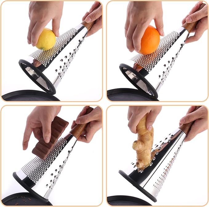 Cone Cheese Grater with Handle Stainless Steel Grater Triple Function Wood Handle Shredder Non-Slip Rubber Bottom Hand Held Multifunction Vegetables Grater Black 4-Size (Size XL:11.8" X 5.1" Black)