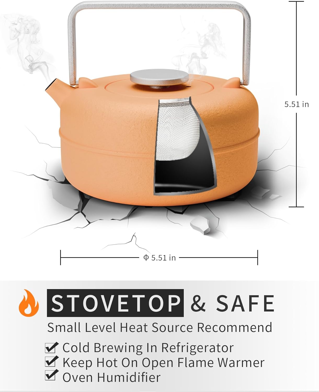 Toptier Teapot with Removable Infuser, Cast Iron Tea Kettle Stovetop Safe, Solid Geometry Cylinder Design Tea Pot Coated with Enameled Interior for 27 Ounce (800 ml), Yellow to Orange