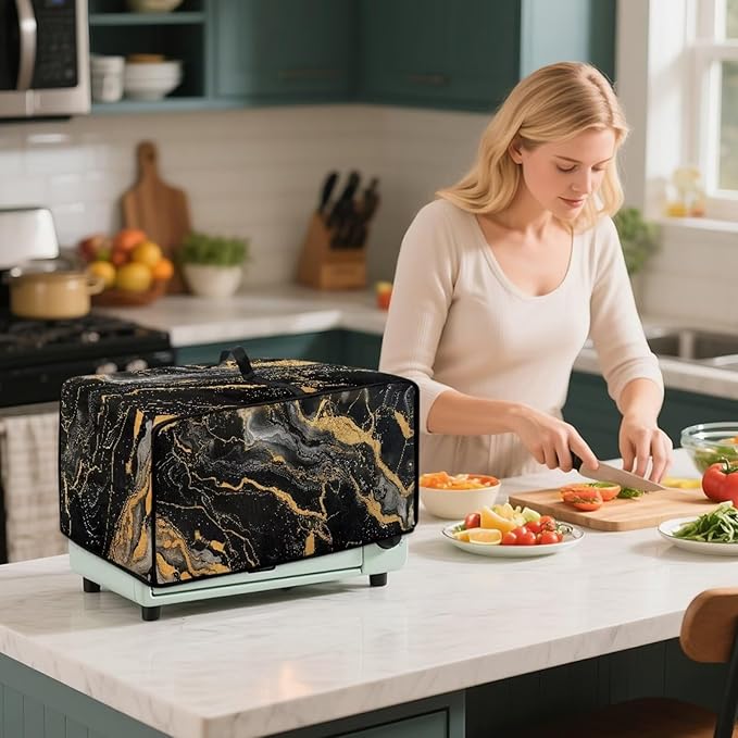 Air Fryer Toaster Oven Dust Cover Dustproof Modern Design Convection Oven Cover with Side Pockets for Small Kitchen Appliances, L, 18.5 x 22.5 x 13 inches, Black Gold Marble