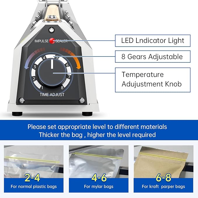 Impulse Heat Sealer with Hot Cutting Wire, Heavy-Duty Bag Sealing & Cutting Machine, 2 Extra Replacements, 8 Stalls Temperature Adjustment, White, 16-Inch