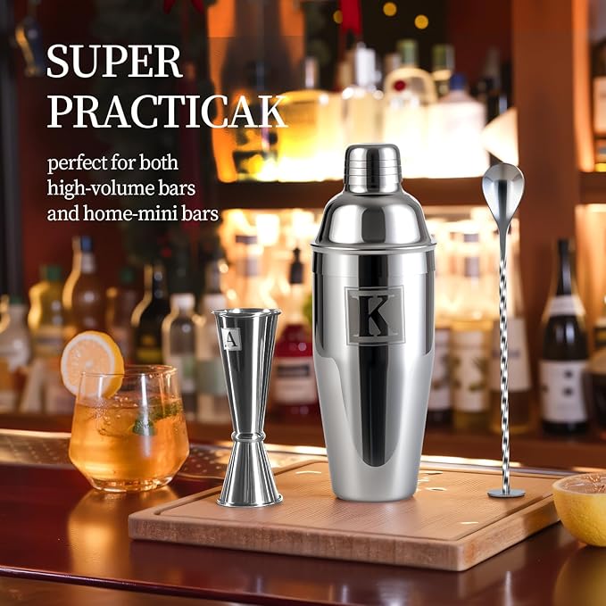 24oz Cocktail Shaker Set with 1 oz 2oz Jigger - Monogramm Initials Martini Shaker Set - 304 Stainless Steel Bar Shaker for Margarita,Mojito-Personalized Gift for Friend,Husband-U