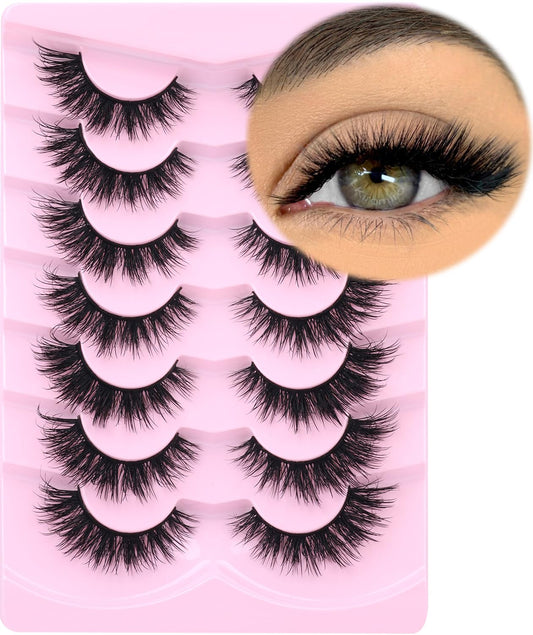 Mink Lashes Natural Look False Eyelashes Wispy Cat Eye Flat Lashes Fluffy 3D Mink Lashes Natural Fake Lashes 15mm Strip Lashes Pack 7 Pairs by Kiromiro
