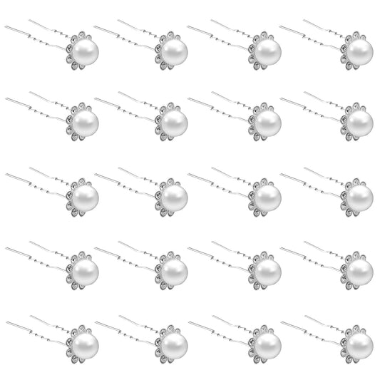 QIUTIMIY 20 Pack (White) Pearl Crystal Hair Pins Flower Rhinestone Hair Clips for Bridal Wedding Women Hair Jewelry Accessories, with Clear Container