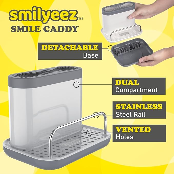 The Original Smiling Handle with Soap Dispensing for The Smiling Sponge with Smilyeez Caddy, Dishwand with Sponges, and 2 Scrub Mojis (Black)