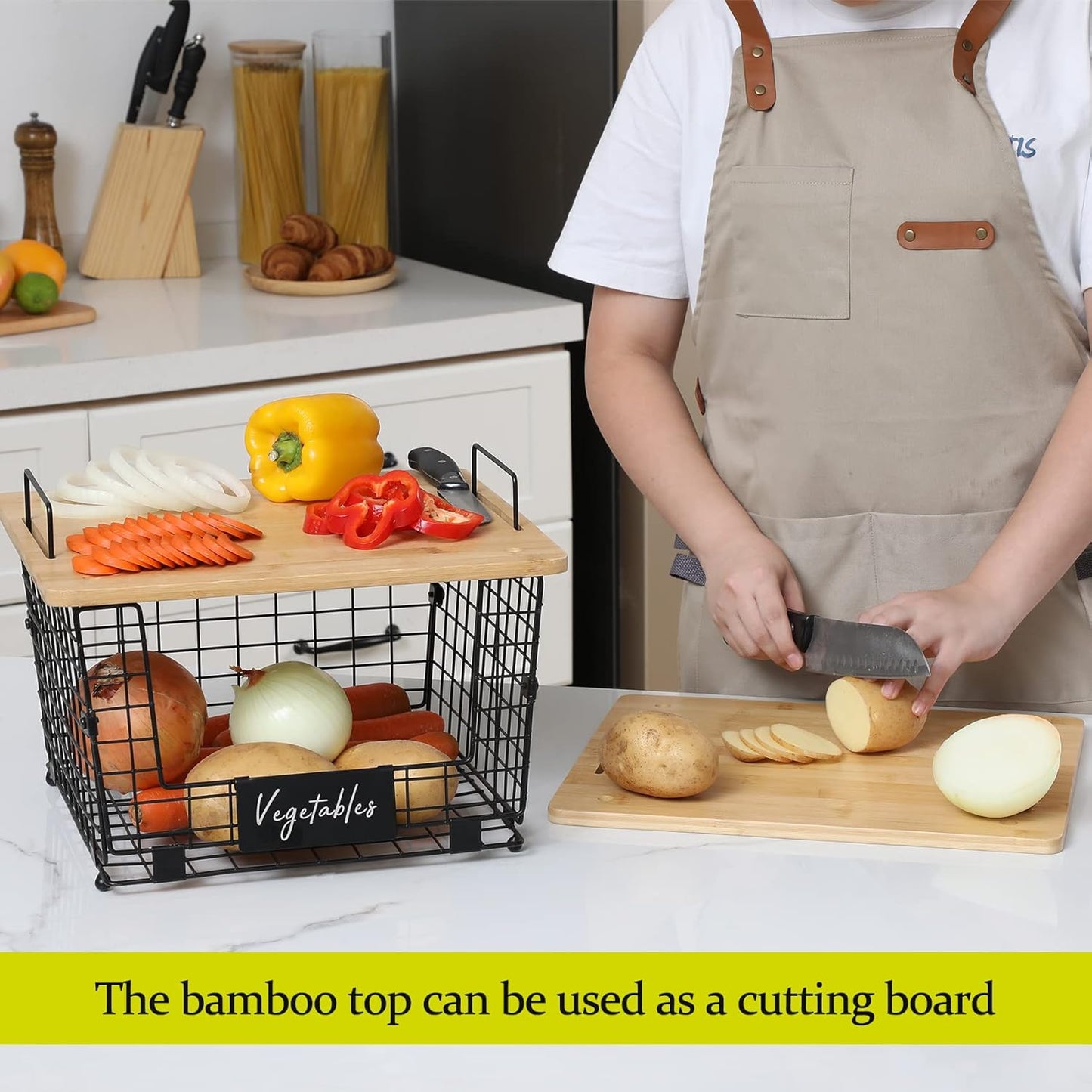 2 Set XXL Stackable Wire Basket with Bamboo Tops & Tag- Pantry Organizer and Storage Bins, Kitchen Counter Cabinet Shelf Countertop Under Sink Organizing, Food Snack Produce Onion Potato Bread Storage