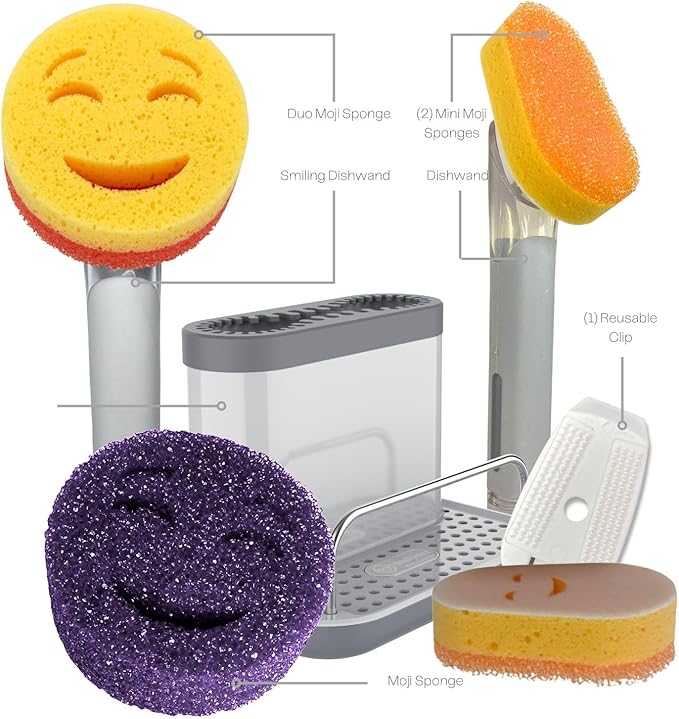 Smilyeez Caddy Combo, Sink Caddy, Smiling Handle, 2 Scrub Moji Sponges, Dishwand with 2 Mini Moji Sponges (Black)