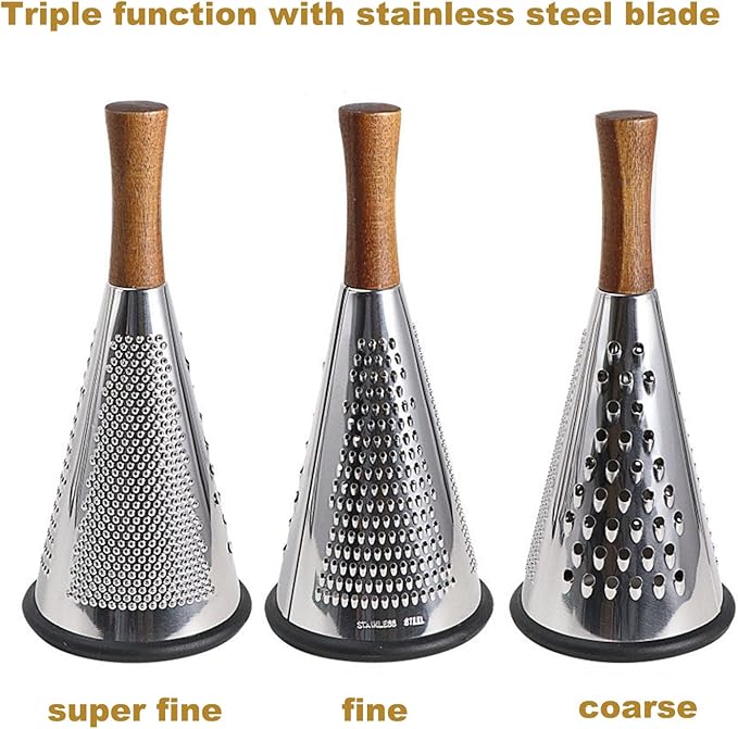 Cone Cheese Grater with Handle Stainless Steel Triple Function Wood Handle Parmesan Shaver Non-Slip Rubber Bottom Hand Held Multifunction Vegetables Cheese Grater with container (L: 10.6" X 4.7")