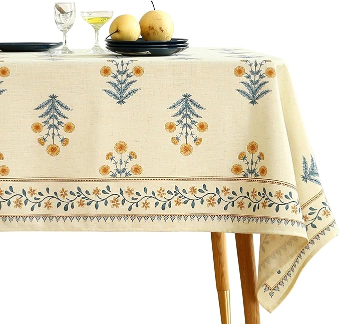 ISAENNE Designer French Pale Yellow Small Rectangular Tablecloth,Linen Floral Table Cloth,Wrinkle Resistant Decor Tablecloths for Dining Thanksgiving Banquet Kitchen Party,55"*71"-Estevan A