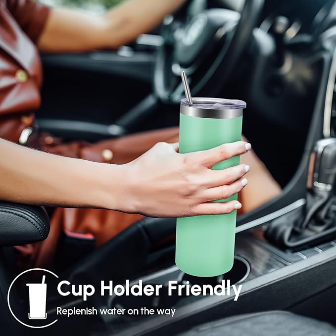 Volhoply 20 oz Skinny Tumbler with Lid and Straw, Stainless Steel Straight Tumblers Cup, Vacuum Insulated Coffee Mug for Home, Office, Travel, DIY (Mint,1 Pack)