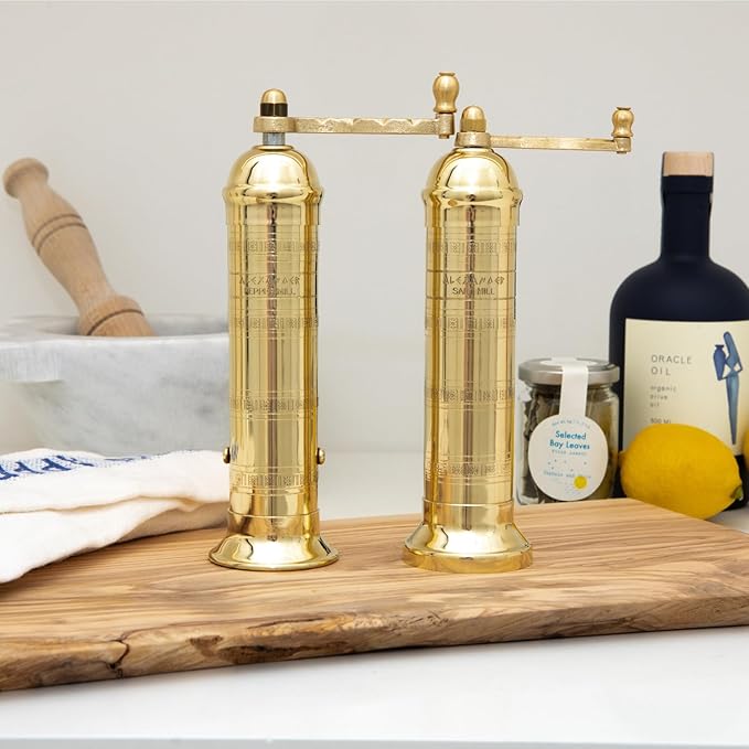 Alexander Home The Original Greek Pepper Mill 8 Inch Tall | European Pepper Mill Grinder with Crank Handle | Manual Pepper Grinder | Peppercorns Refillable - Brass