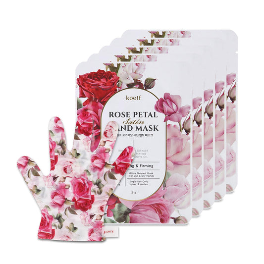 Koelf PETITFEE Rose Petal Satin Hand Mask (5pairs) - Intensive Nourishing, Moisturizing Gloves, Rose Scented Hand Repair Masks with Peptide, Collagen, Shea Butter for Silky Smooth Hand Treatment