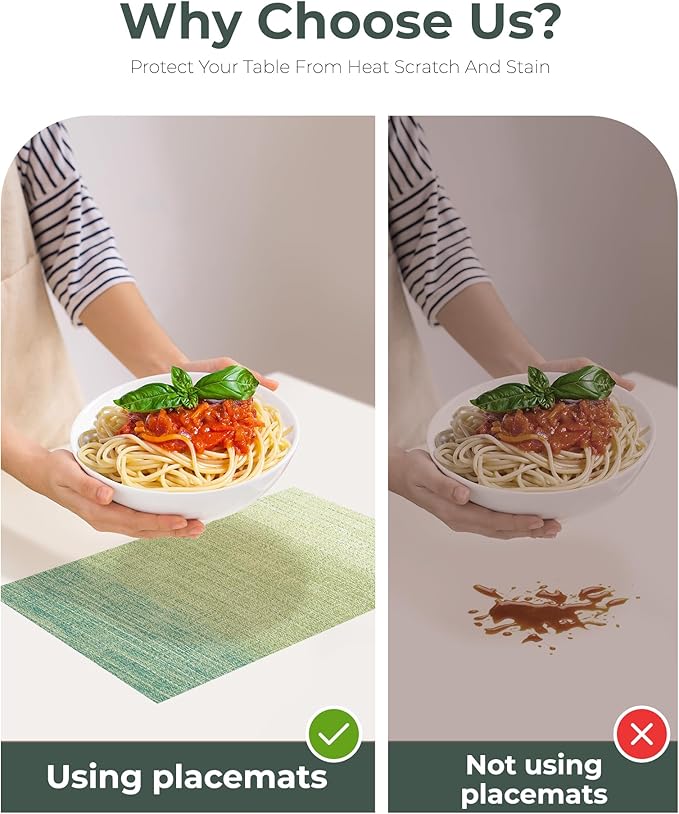 Leetaltree Gradient Green Woven Placemats Set of 12 - Heat Resistant Non-Slip Place mats for Dining Table, Washable Durable PVC Vinyl Woven Table Mats(Gradient Green, 12)