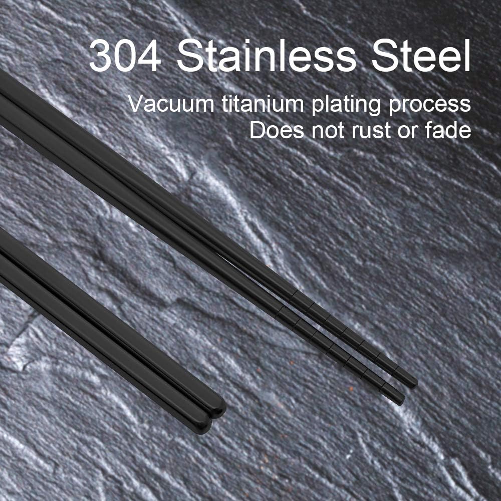 Stainless Steel Chopsticks Reusable Multicolor Lightweight 304 Metal Chopsticks Dishwasher Safe - 5 Pairs (Black)