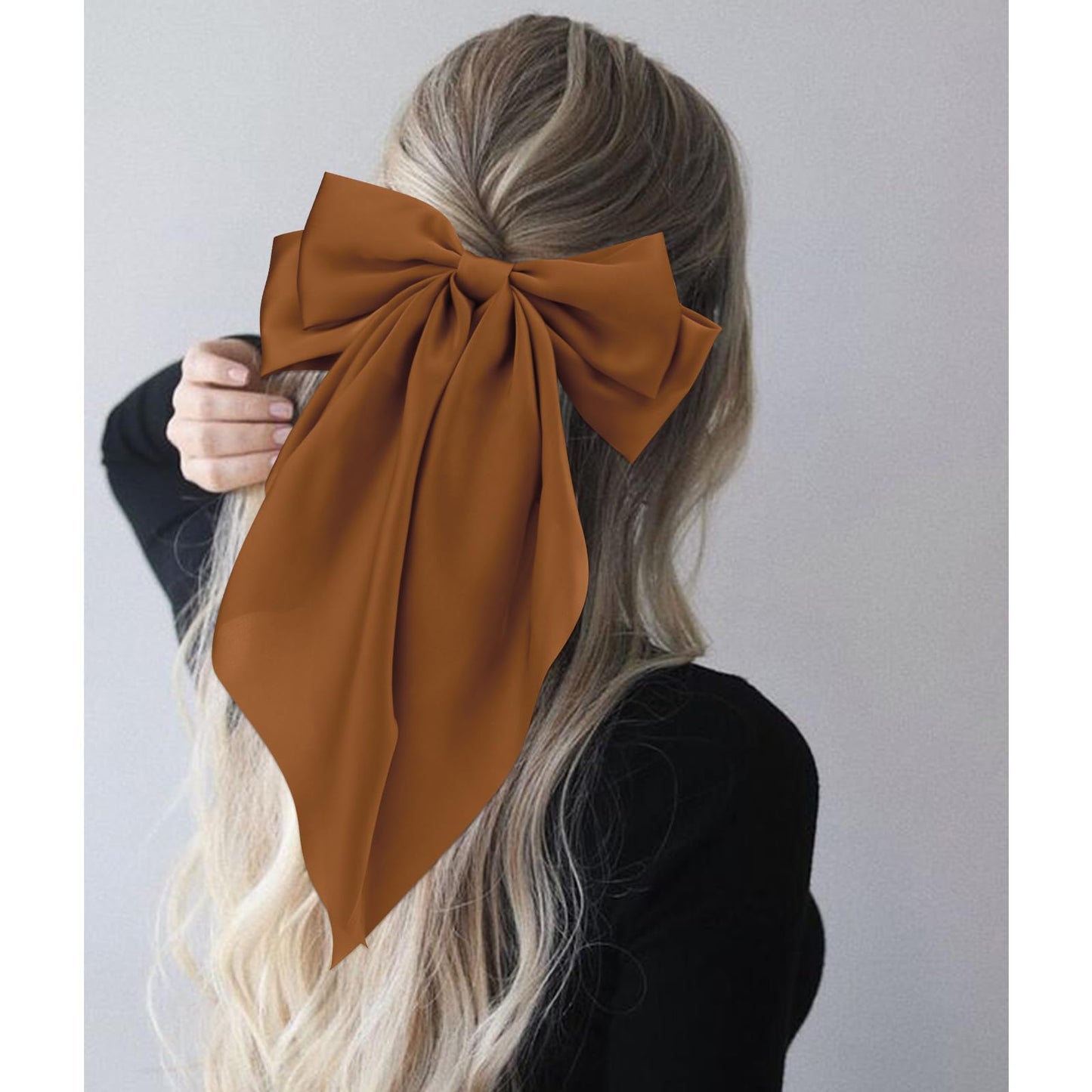 Velscrun Hair Bows for Women Girls 4Pcs White Silky Hair Bow Khaki Satin Large Coquette Bow Brown Big Hair Bows Clip Oversized Hair Ribbons Long Tail Black Bow Hair Barrettes Hair Accessories Gifts