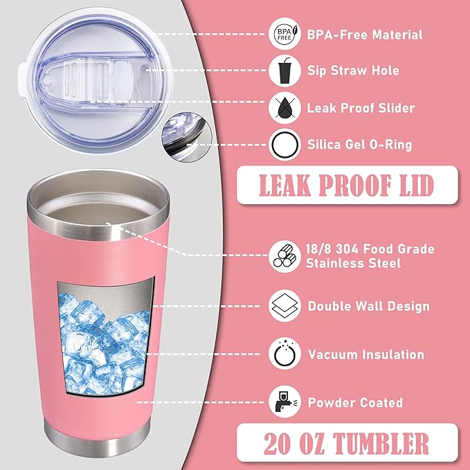 20 oz Tumbler Coffee Travel Tumblers Bulk with Lid Stainless Steel Double Wall Vacuum Insulated Mug Powder Coated Cups fit Car Cupholder for Hot and Cold - Pink, 1Pack