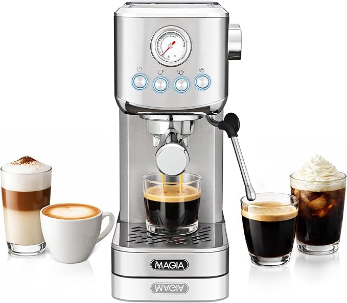 Zulay Kitchen Magia Compact Espresso Machine – 20 Bar Coffee Maker with Milk Frother Steam Wand, Latte & Cappuccino Maker, 1350W Fast Heating, 40oz Removable Water Tank, Stainless Steel – Silver