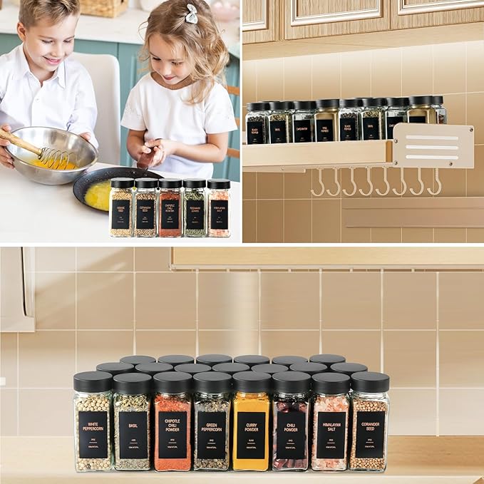 Spice Jars with Label，4oz Glass Spice Bottles With Shaker Lids，Seasoning Containers with Funnel, Chalk Pen for Cabinet，Drawer，Rack (Black, 24)