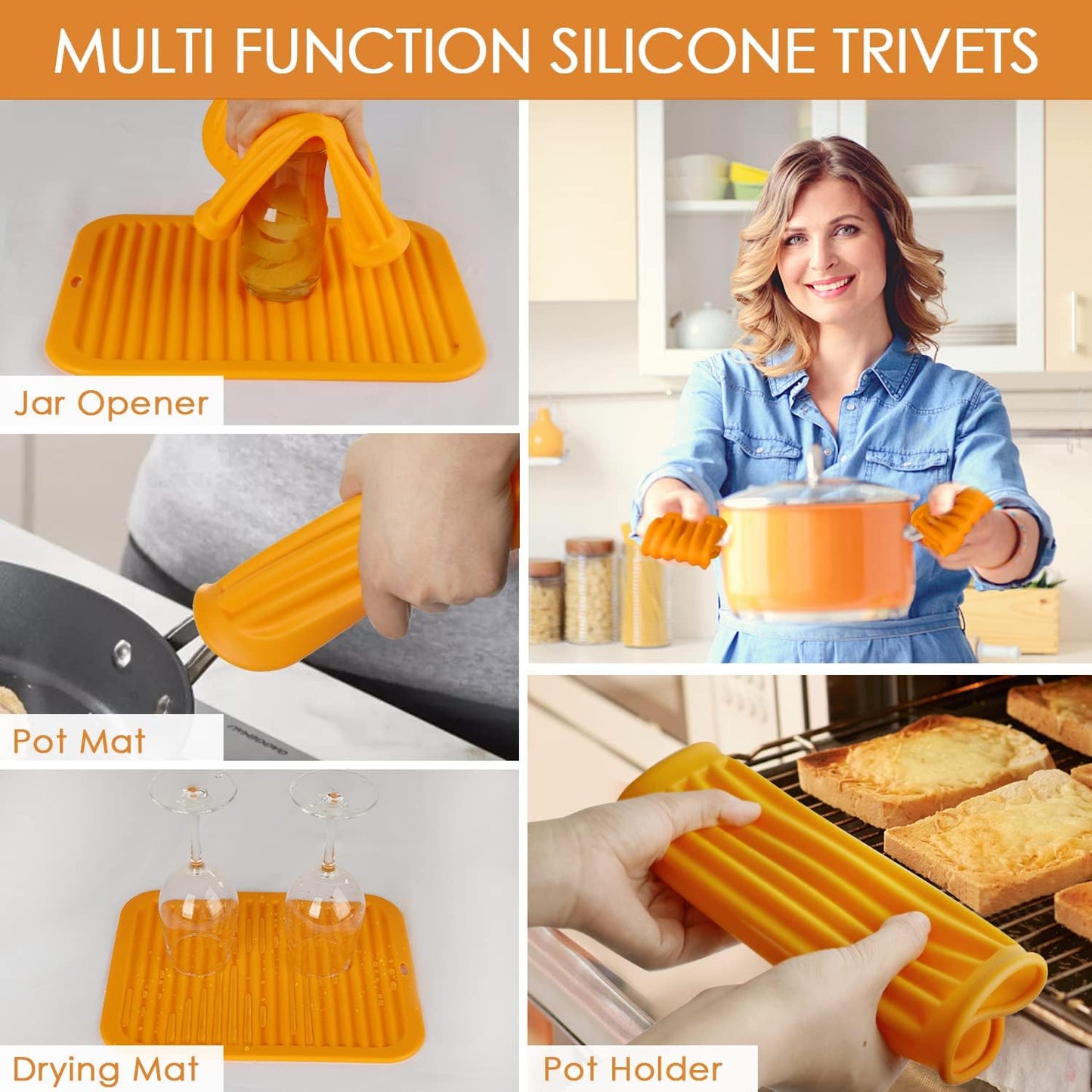 Silicone Trivets for Hot Pots and Pans, 9 * 12" Orange Silicone Hot Pads Pot Holders for Kitchen, 2 Pack Trivet Mat for Hot Dishes, Hot Pot Mats Hot Plates for Table Hot Dishes, Jar Opener