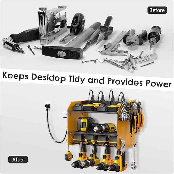 CCCEI Modular Power Tool Organizer Wall Mount with Charging Station. Garage Drill Storage Shelf with Hooks, Heavy Duty Rack, Tool Battery Holder Built in 8 Outlet. Gift for Men. Yellow, 2 Pack.