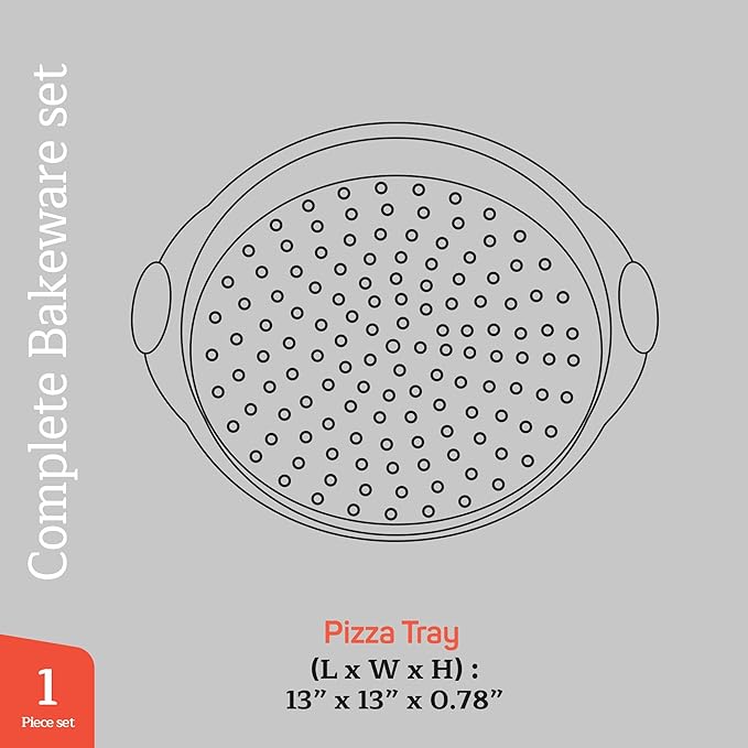 Non-Stick Pizza Pan with Silicone Handle 1 Pack, 13 Inch Round Carbon Steel Tray with Perforated Holes, Dishwasher & Oven Safe Up To 450°F, PFOAPFOSPTFE Free, Durable Nonstick Gray Coating
