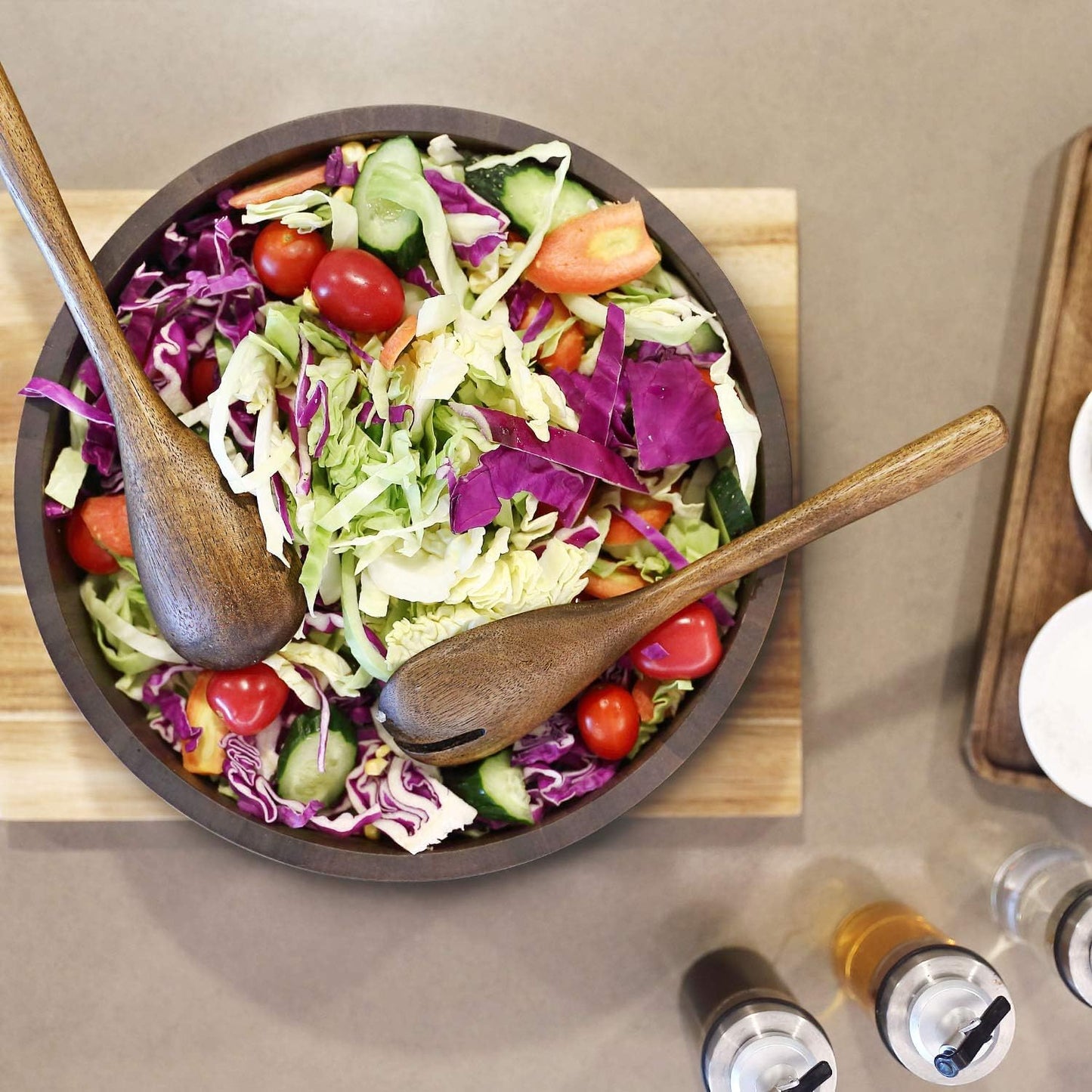 Wooden Salad Bowl, Black Walnut Wood Salad Bowl Set, 12 * 4.3 inch Large Natural Wooden with Fork and Spoon,Premium Eco-Friendly 346oz /10.8qt for Kitchen,Dining,Serving & Mixing Food