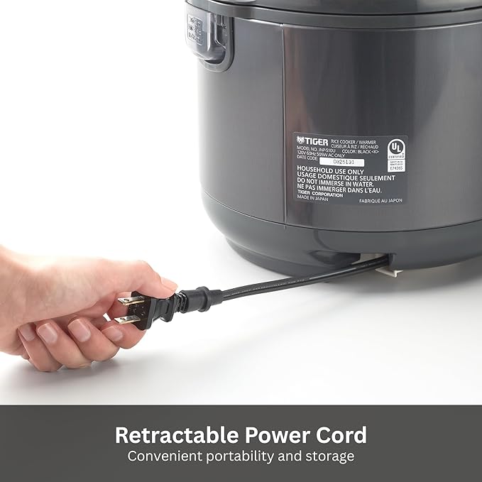 Tiger JNP-S15U-KY 8 Cup Capacity White Rice Cooker with Non-Stick Inner Pot, Retractable Power Cord, and Keep Warm up to 12 hours (Obsidian Black)