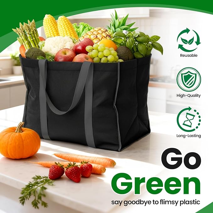 SpaceWhisper Reusable Grocery Bags with Long Handles [6 Pack] - Multipurpose Large Shopping Bags for Groceries, Foldable Grocery Totes Resist Water & Stains for Kitchen, Car Trunk, Picnic (Black)