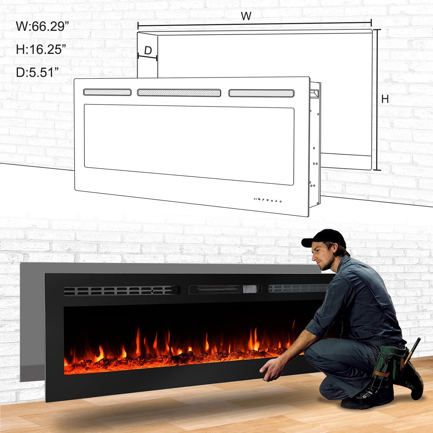 CharaVector 70 inch 750W/1500W Electric Fireplace Inserts with Remote Control in Wall Mounted, Energy Saving LED Insert Fireplace Heater Indoor Glass View with Remote Control & Touch Screen, Black