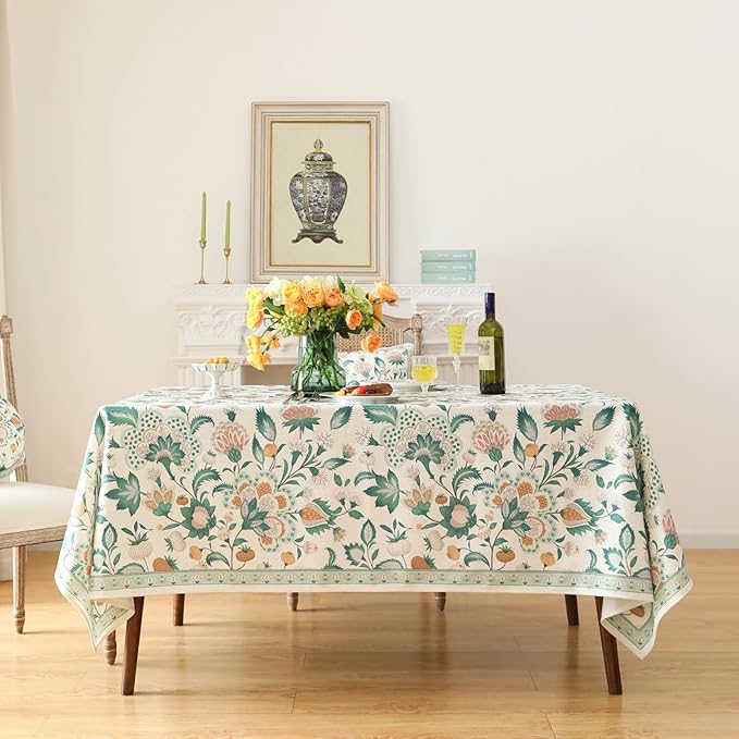 patdrea Designer Green Rectangle Table Cloth,Vintage Italian Floral Country Linen Breathable Tablecloth,Decor Cover for Kitchen Dining,Christmas,Tea Party,Thanksgiving,63"x94"-Tree Life