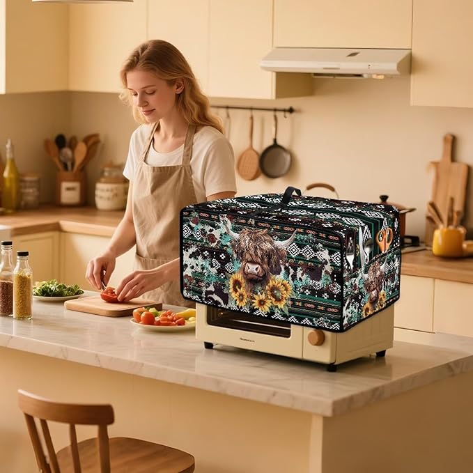 Toaster Oven Dust Cover Washable Fabric Convection Oven Cover Protector Compatible with Various Small Kitchen Appliances, L, Aztec Highland Cow Sunflower