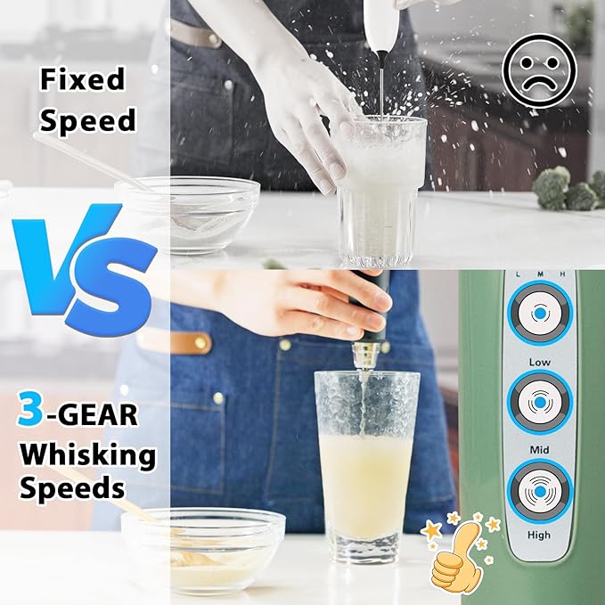 Sakgos Milk Frother with Stand Rechargeable-Handheld Coffee Frother with 3 Stainless Whisks 3 Speed Adjustable, Electric Whisk Drink Mixer, Foam Maker Blender for Matcha Latte Cappuccino Chocolate