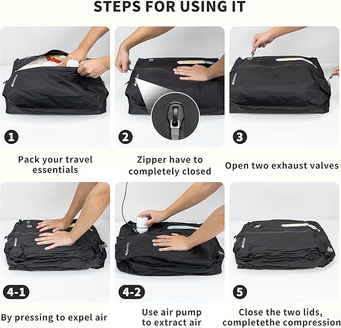Vacuum Bag for Travel, Professional IPX8 Waterproof Reusable Vacuum Compression Bags for Travel Suitcases, Durable Space Saver Bag(3 PACK,With Pump)