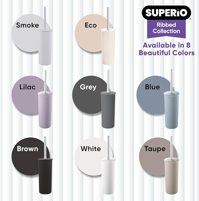 Superio Decorative Plastic Toilet Bowl Brush and Holder Set, Cleaner Scrubber for Bathroom (2, White)
