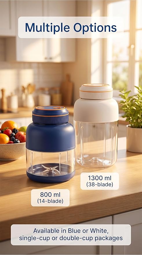Portable Wireless Juicer Cup - 44 oz Cordless Blender with 38-Blade 18000 RPM High-Speed Motor, USB-C Rechargeable Personal Smoothie Maker for Gym, Travel, and Outdoors (Single Cup-Blue,44oz)