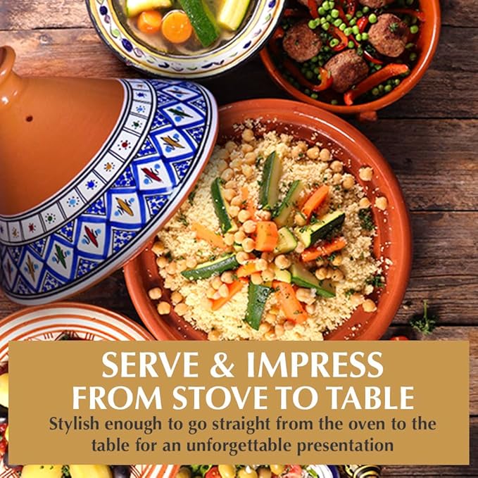 Kamsah Tagine Pot for Cooking and Flavor Enrichment - Medium Clay Pot 10”, 3.1 QT - Non-Stick Handmade Cookware - Moroccan Ceramic Pots for Cooking with Lid & Serving Bowl - Bohemian Classic Blue