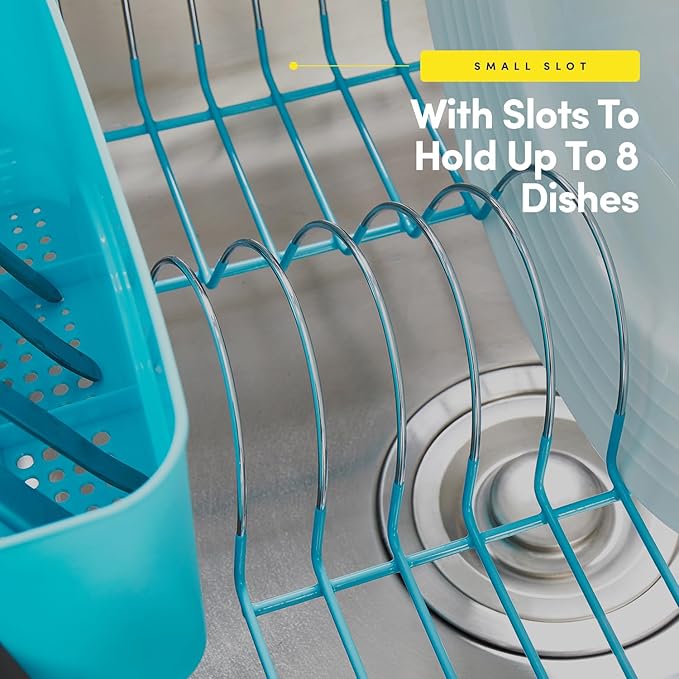 Dish Drying Rack & Cutlery Holder 2 Piece Set - Compact Sink-Fitting Dish Drainer with Rubberized Undercoating, Space-Saving Kitchen Organizer for Plates, Cups, Bowls & Utensils in Sink, Turquoise