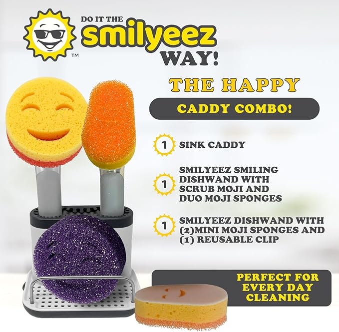 Smilyeez Caddy Combo, Sink Caddy, Smiling Handle, 2 Scrub Moji Sponges, Dishwand with 2 Mini Moji Sponges (White/Grey Wands)