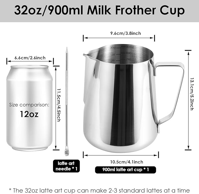 2 Pack Milk Frothing Pitcher 900ml 32oz Steaming Pitchers Stainless Steel Milk/Coffee/Cappuccino/Latte Art Steam Pitchers Milk Jug Cup with Art Pen(2)