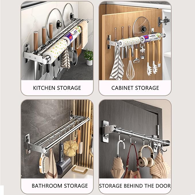 Hanging Wall Mount knife Wall Mount, Kitchen Organizer Storage Shelf for Utensils Spatula Spoon, Space-Saving Knife Rack with Hooks,Wall-Mounted Utensil Holder (Silver, 50CM+Three Poles+8Hooks)