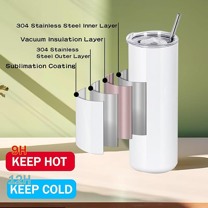 8 Pack 20oz Sublimation Tumblers Bulk With Flat Edge, 20OZ Flat Sublimation Tumbler Blank, Skinny Straight Stainless Steel Blanks Cups with Individual Box (8, 20OZ FLAT EDGE)