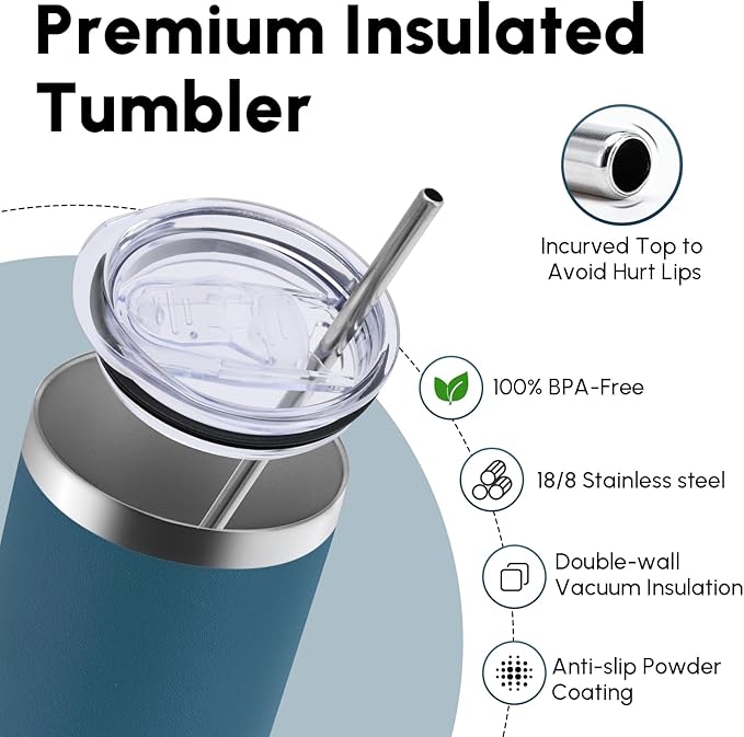 Volhoply 20 oz Skinny Tumbler with Lid and Straw, Stainless Steel Straight Tumblers Cup, Vacuum Insulated Coffee Mug for Home, Office, Travel, DIY (Dark Green,1 Pack)