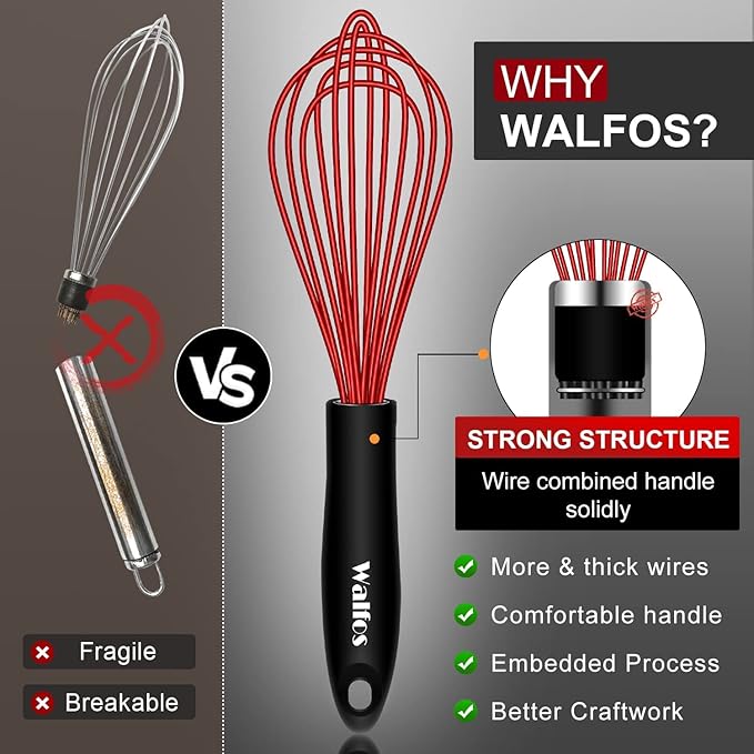 Walfos Whisk,Silicone Whisk Non Scratch-Whisks for cooking set of 4 Heat Resistant(480°F).Nice for Blending Beating Stirring and Kitchen Cooking &Baking.BPA Free and Dishwasher safe.(5+7+9+11inch )Red